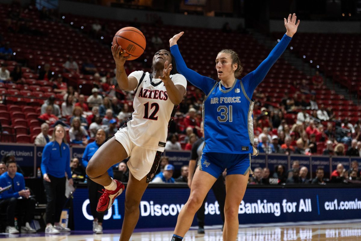 Former San Diego State guard Kaelyn Hamilton attempts a layup against Air Force in a 76-83 loss, Sunday, Mar. 8, 2026, at the Thomas & Mack Center, Las Vegas, NV.