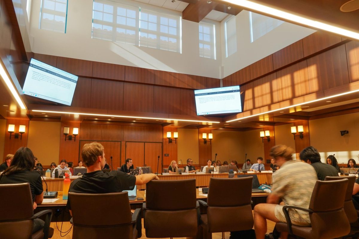 A.S. University Council discusses in the Council Chambers on Friday, April 8. Council Chambers, April 8, 2026.
