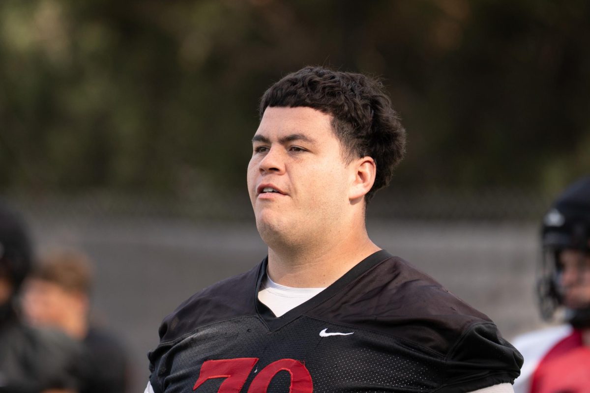 San Diego State senior offensive lineman Joseph Borjon looks on during a spring practice at San Diego State University, Tuesday, April. 14, 2026, San Diego, CA.