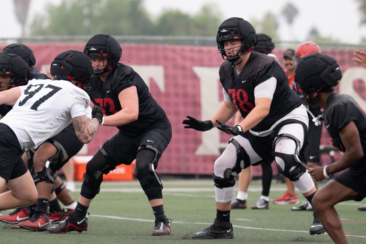 San Diego State senior offensive lineman Joseph Borjon (78) practices during spring practice, Tuesday, March 24, 2026, at San Diego State University.