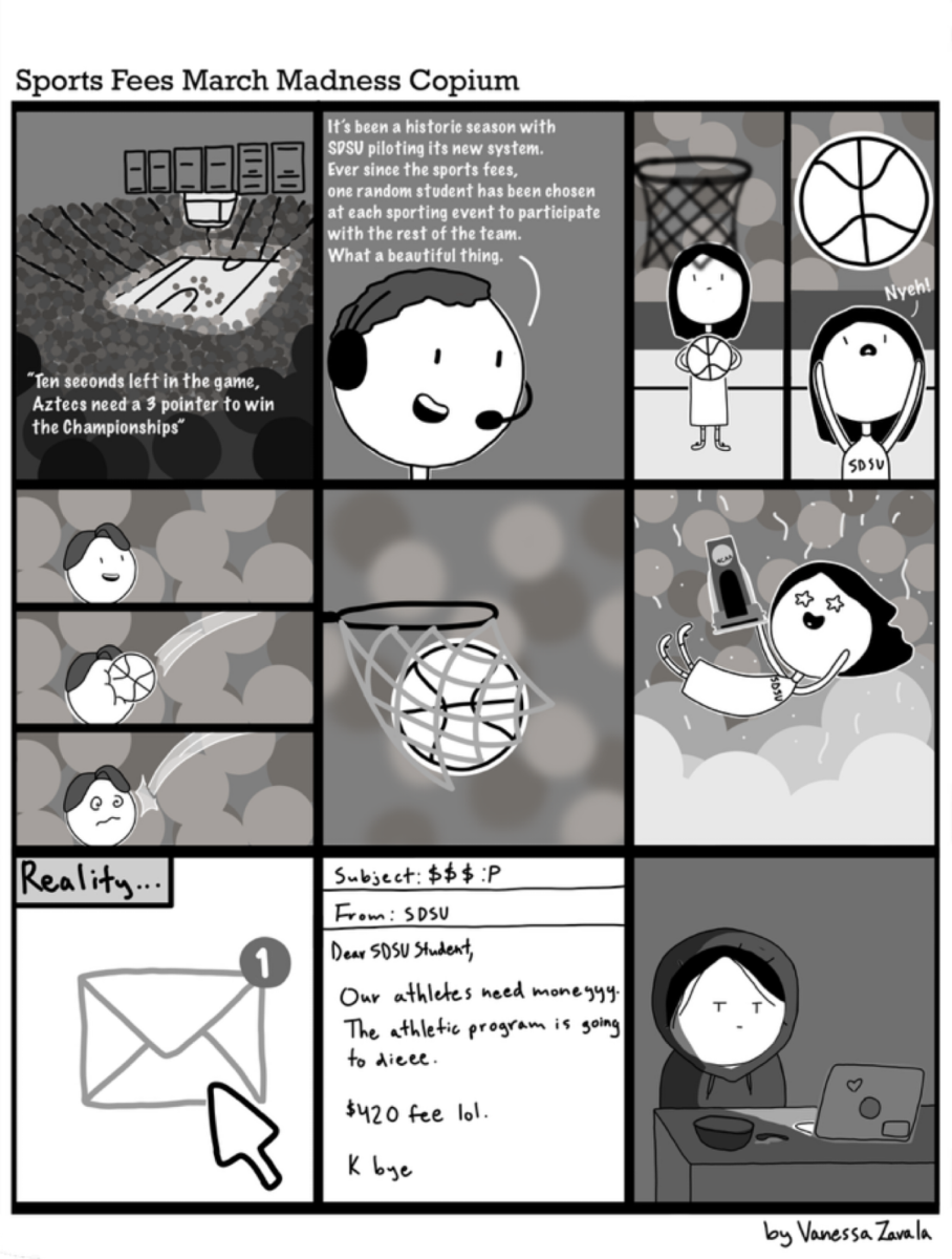 Fees targeting SDSU's athlete/sport program have increased impacting tuition. In a fantasy scenario in the comic, a student is able to participate in the sport because of the fee. In reality, no oppourtunities will be added on top of what is already available.