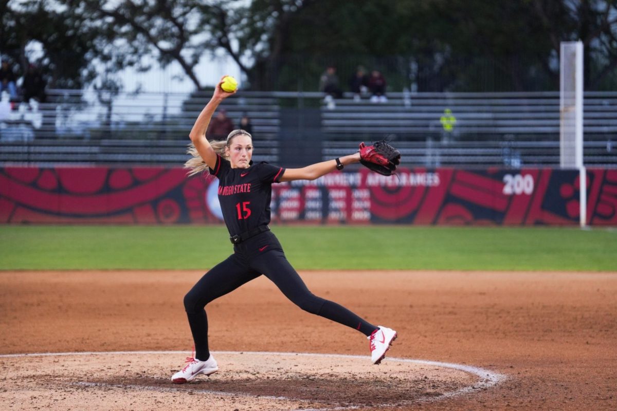 #15 Ava Schaffell (So.) brings the heat during SDSU Softball's season opener on February 6th, 2026.
