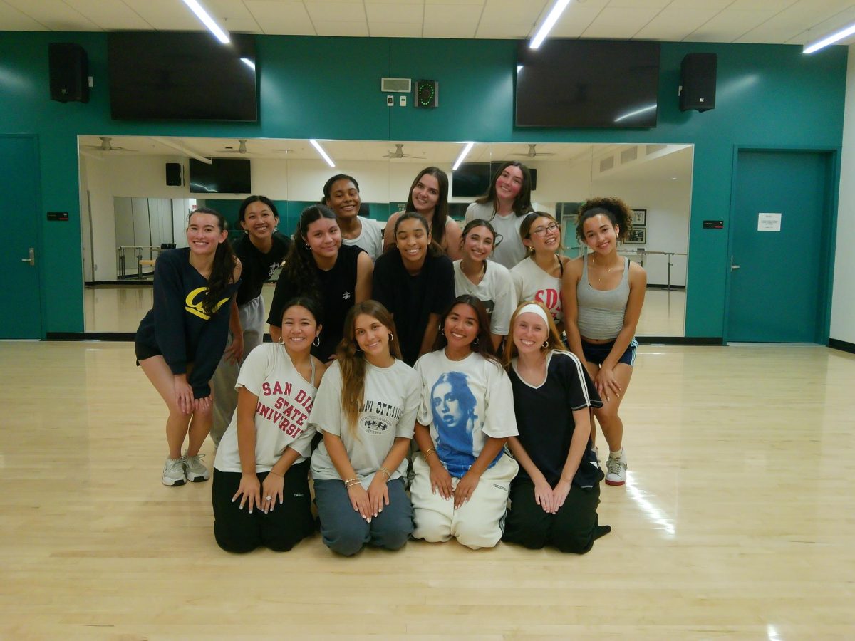 (Front row, from left to right) Erin Soriano, Adirah Greenstein, McKayla Arnaldo and Ava Marsh with the members of Revive Dance Club SDSU