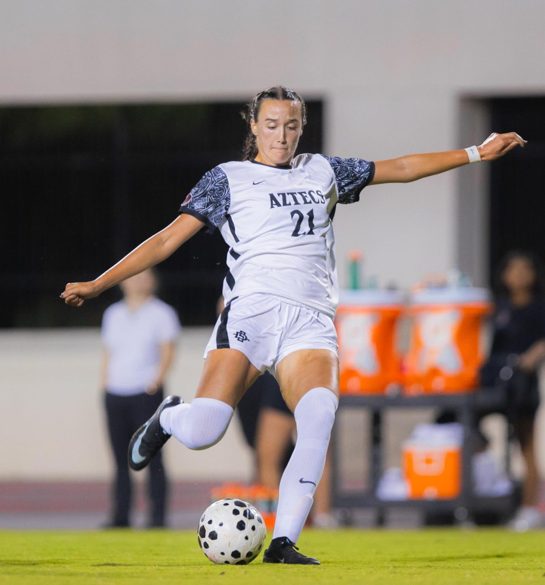 San Diego State women's soccer forward Briahna Gieger attempting a shot to try and set up the Aztec 3-0 in the second half against Nevada at the SDSU Sports Deck on Sept. 18, 2025. 
