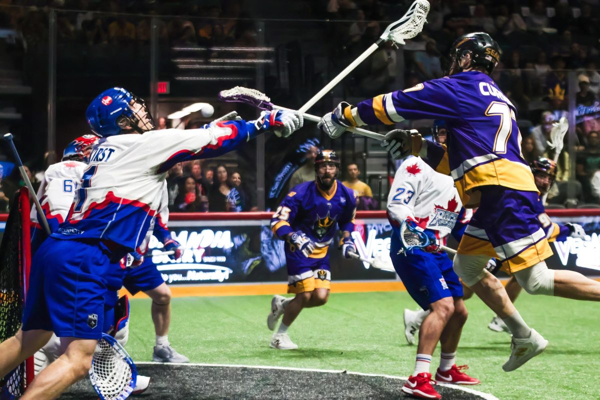 SD Seal transition Zach Currier clashes with an opponent during the game against Toronto Rock at Pechanga Arena on May 2, 2026. 