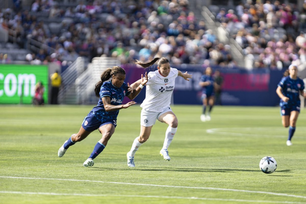 San Diego Wave forward Dudinha edges out Bay FC midfielder Taylor Huff for possession of the ball during a Wave 1-0 loss on Sunday May 3, 2026 at Snapdragon Stadium.