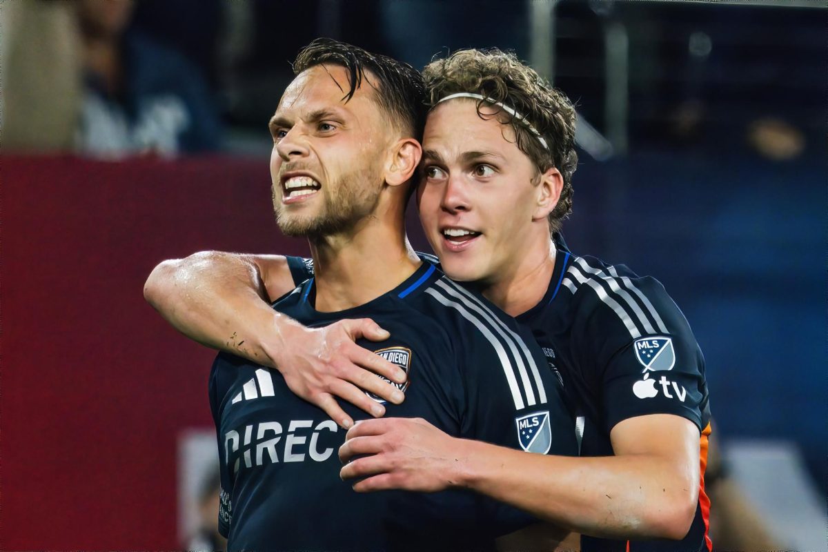 SDFC forward Marcus Ingvartsen and midfielder Onni Valakari celebrate the goal by Invartsen during the game against LAFC at Snapdragon Stadium on Sat. May 2, 2026. 