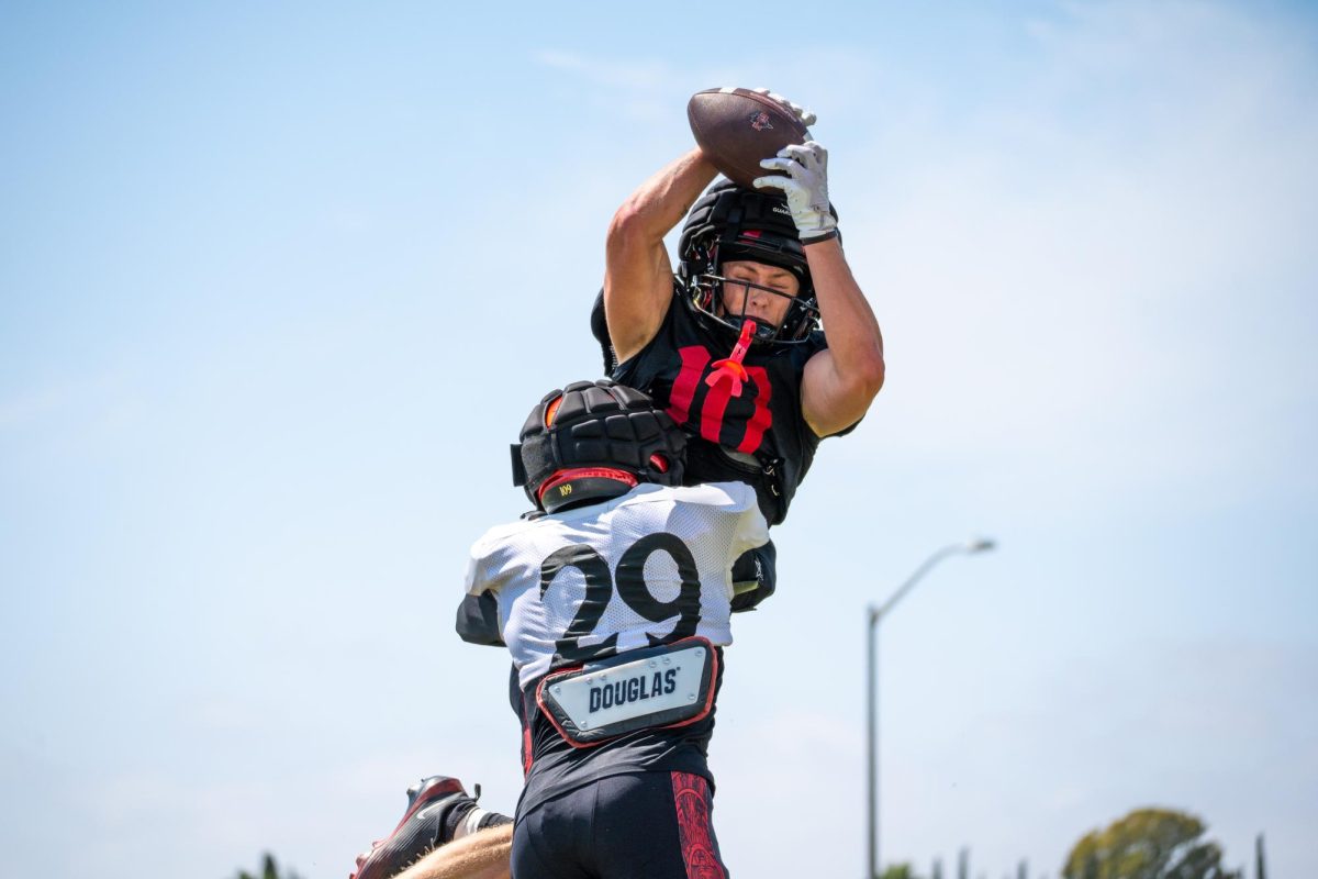 Sophomore wide receiver Parker Threatt (10) grabs the ball over safety Josh Hunter's head at the spring game on Tuesday, May 2, 2026, at San Diego state university  