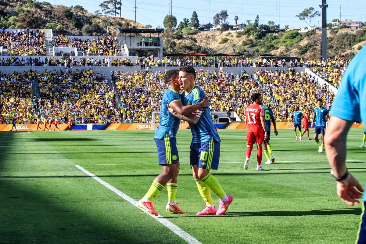 Colombian players celebrate after making a goal in a 2-0 win over Jordan Sunday, June 7th, 2026 at Snapdragon Stadium.