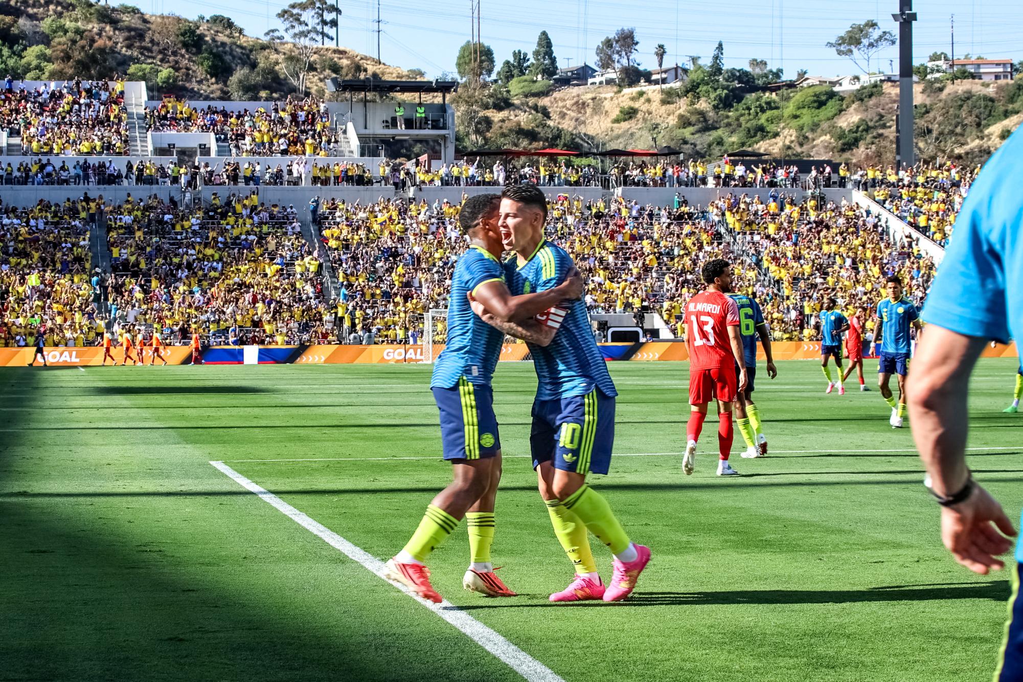 Colombian players celebrate after making a goal in a 2-0 win over Jordan Sunday, June 7th, 2026 at Snapdragon Stadium.