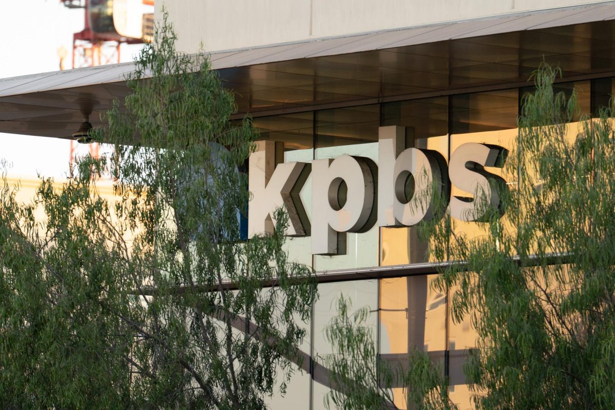 KPBS's logo overlooks Campanile Drive on San Diego State University's campus, Friday, June 26, 2026, San Diego, CA.