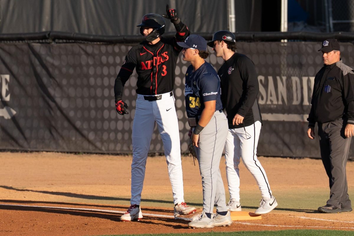 San Diego State junior outfielder Jake Jackson gestures after reaching first base in a 9-1 win against UC San Diego, Tuesday, April 14, 2026, at Tony Gwynn Stadium, San Diego, CA.