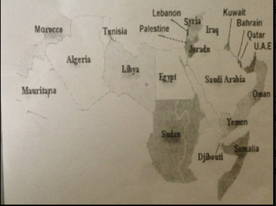 The map given to students omitting Israel. 