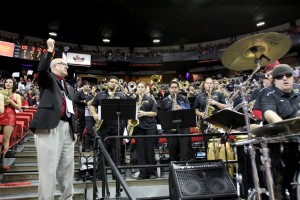 Bryan Ransom directs the Aztec Pep Band at Viejas Arena.